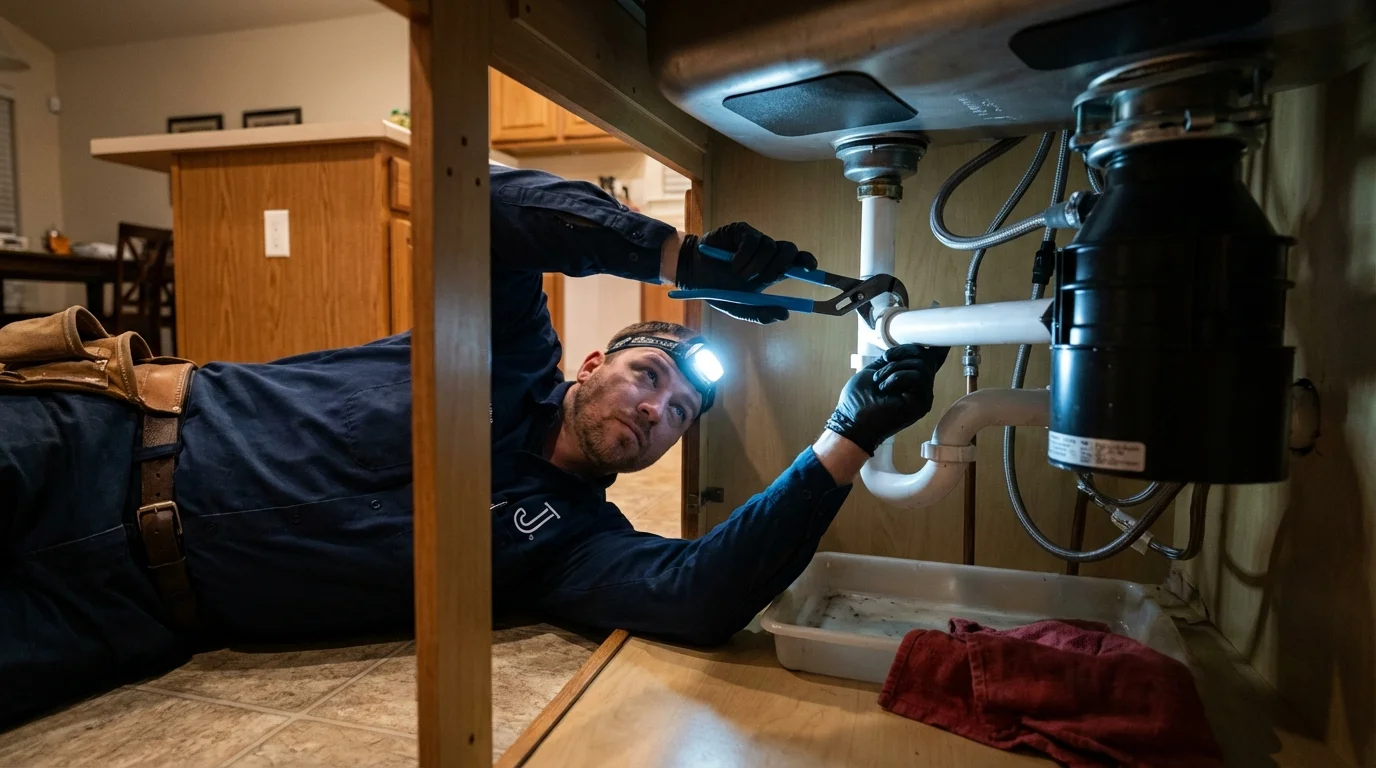 P-trap and supply line connections under a kitchen sink showing a common leak point in Madison, GA